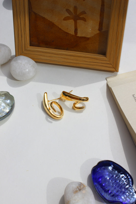 Fierce Gleam Earrings on a white surface with a wooden frame and decorative stones