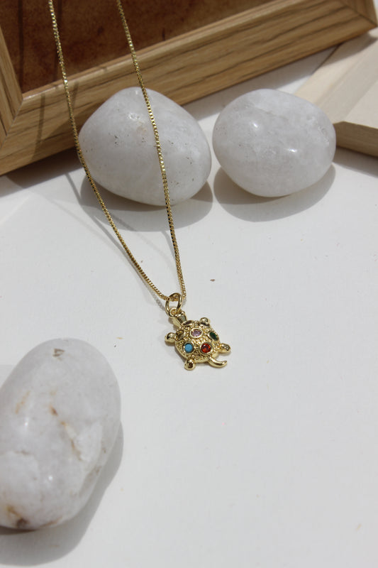 Luck Shell Pendant Necklace on a white surface with stones