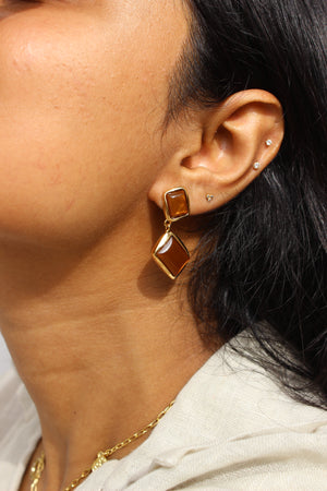 Close-up of a model wearing a Amber Dust Earrings with a blurred background