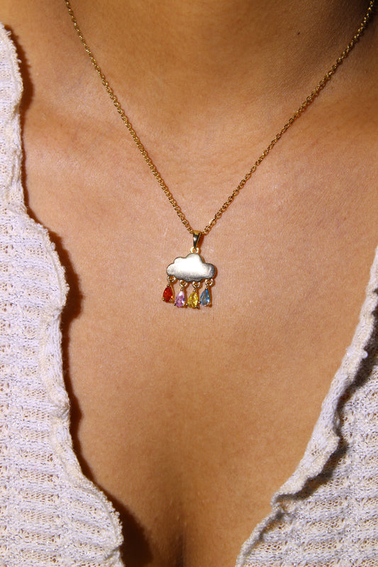 Skydrops Pendant Necklace on a model's neck against a neutral background