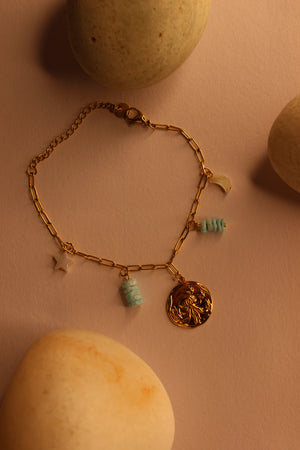 Deep Relic Charms Bracelet on yellow background