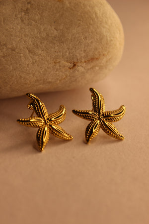 Solstar Stud Earrings on a beige stone background