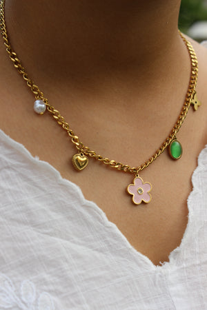 WishBlush Charms Necklace worn by a woman, showcasing trendy customizable jewelry style