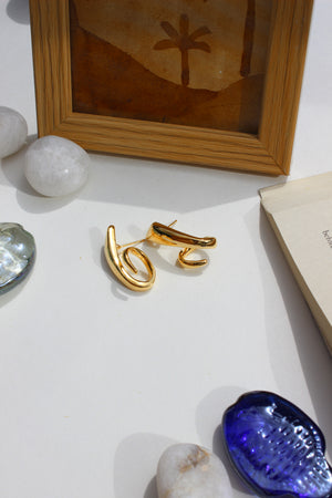 Fierce Gleam Earrings on a white surface with a wooden frame and decorative stones