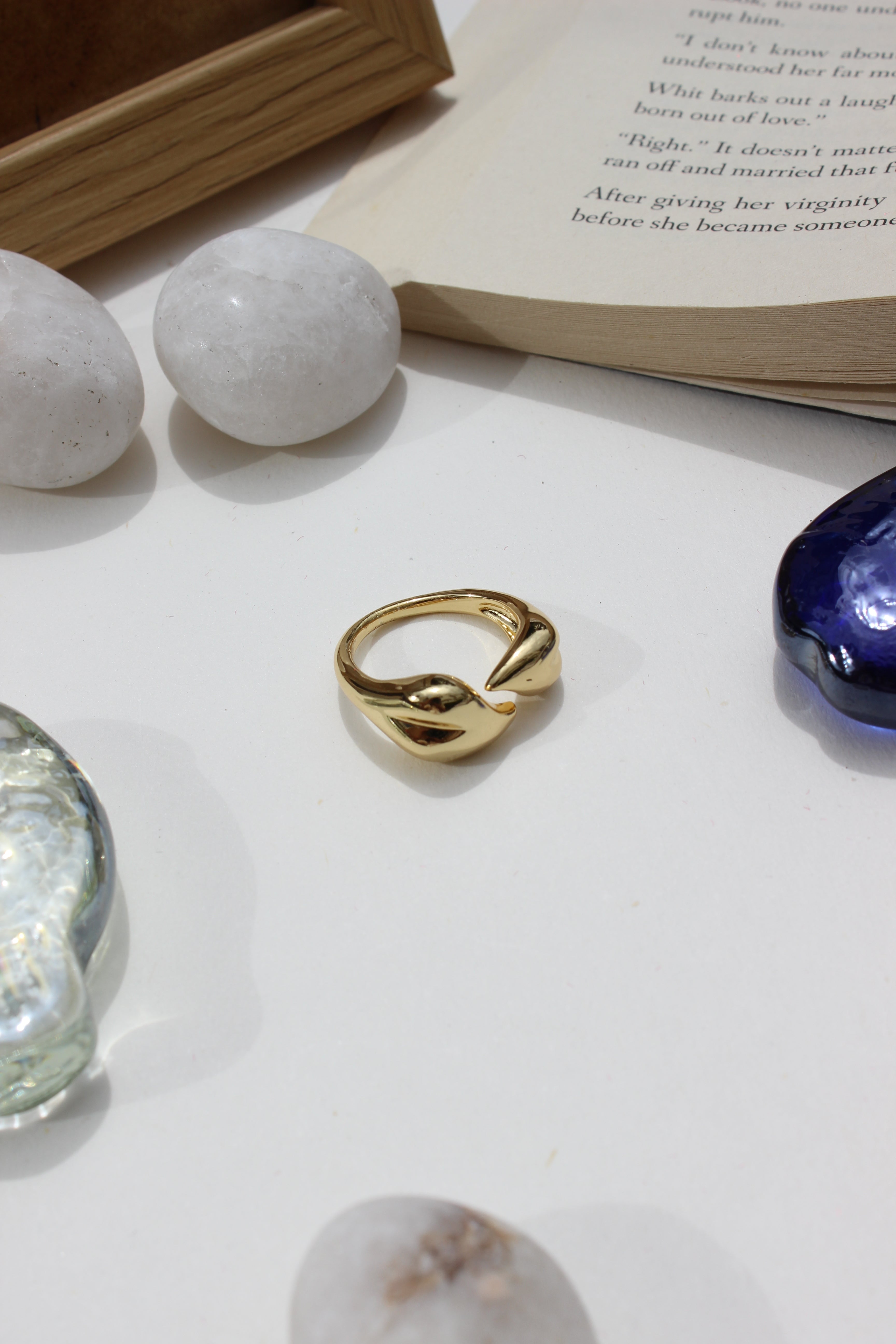 Leaves of Light Ring on a white surface with marble stones and an open book