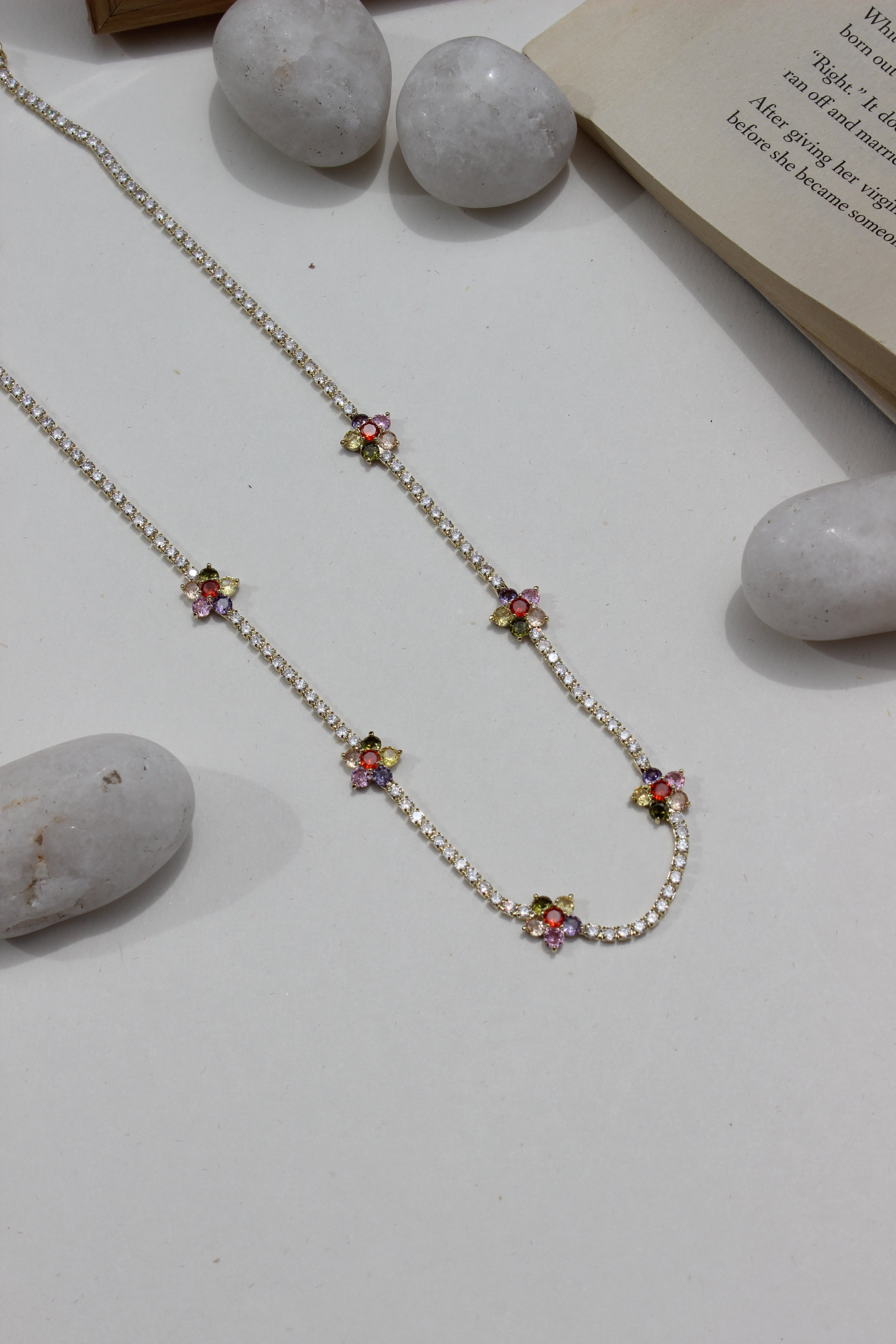 Floranta Necklace on a light surface with stones