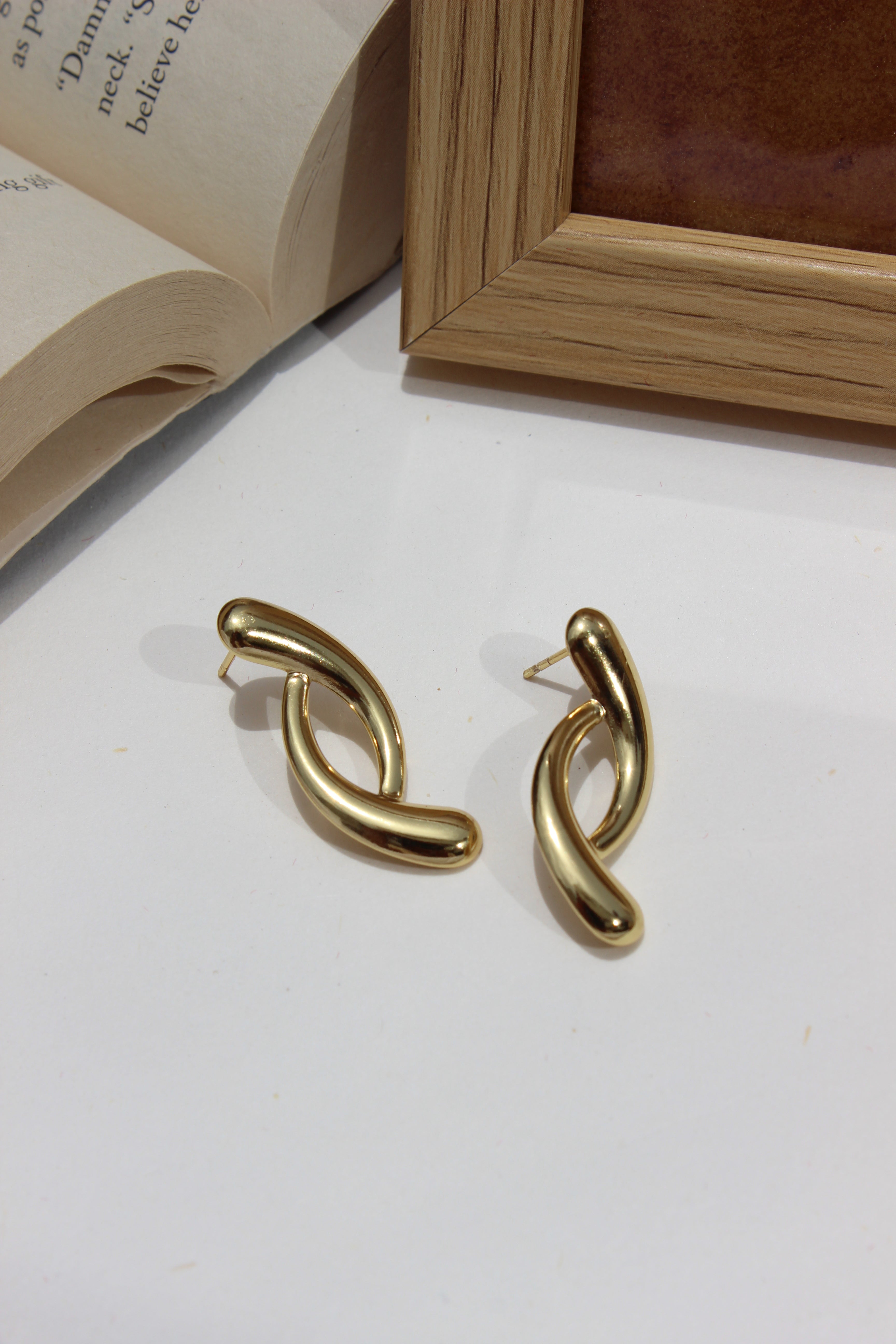 Lushline Earrings on a white surface with a wooden frame and book in the background