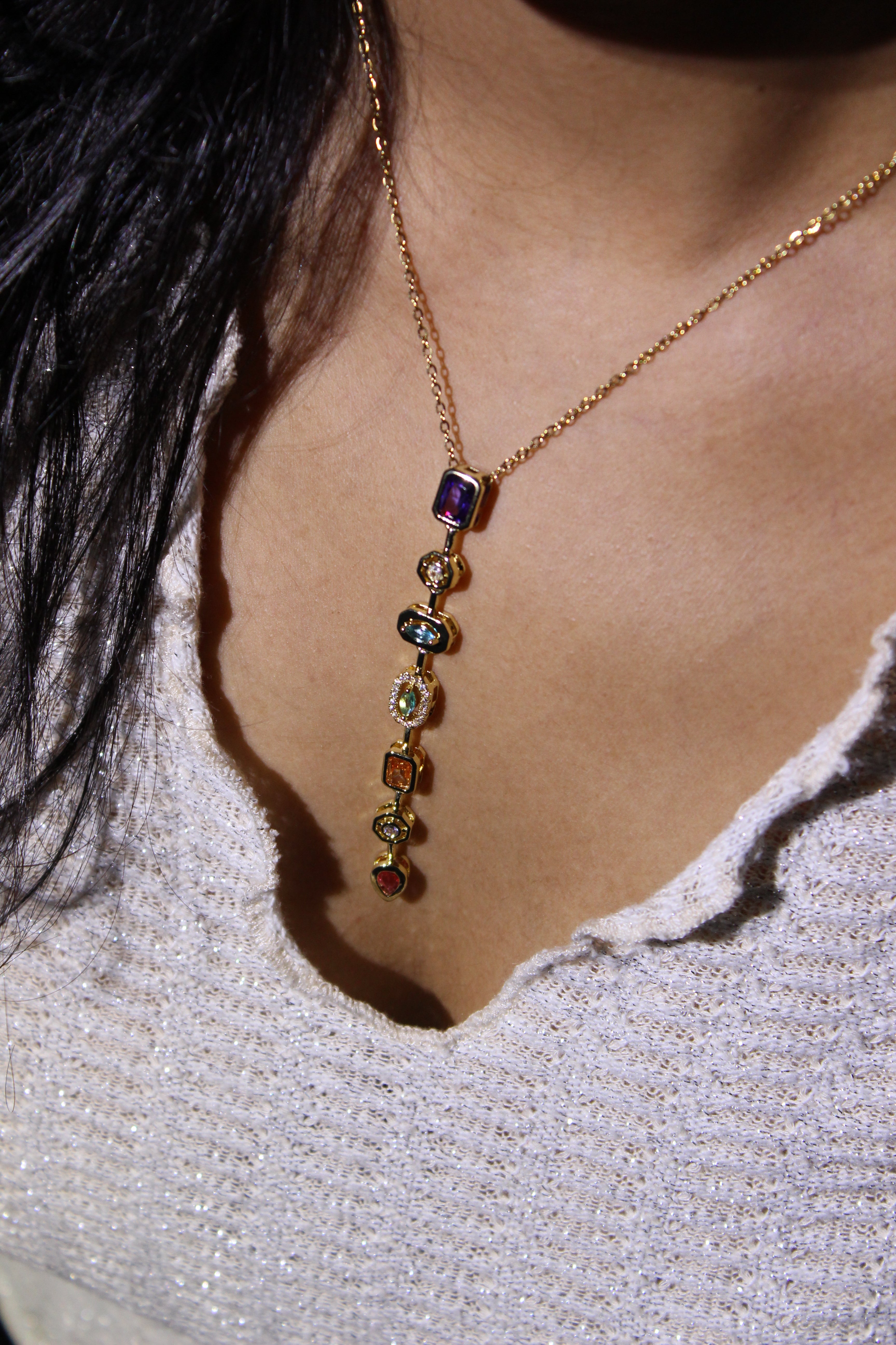 Pastel Pour Necklace on a model's neck