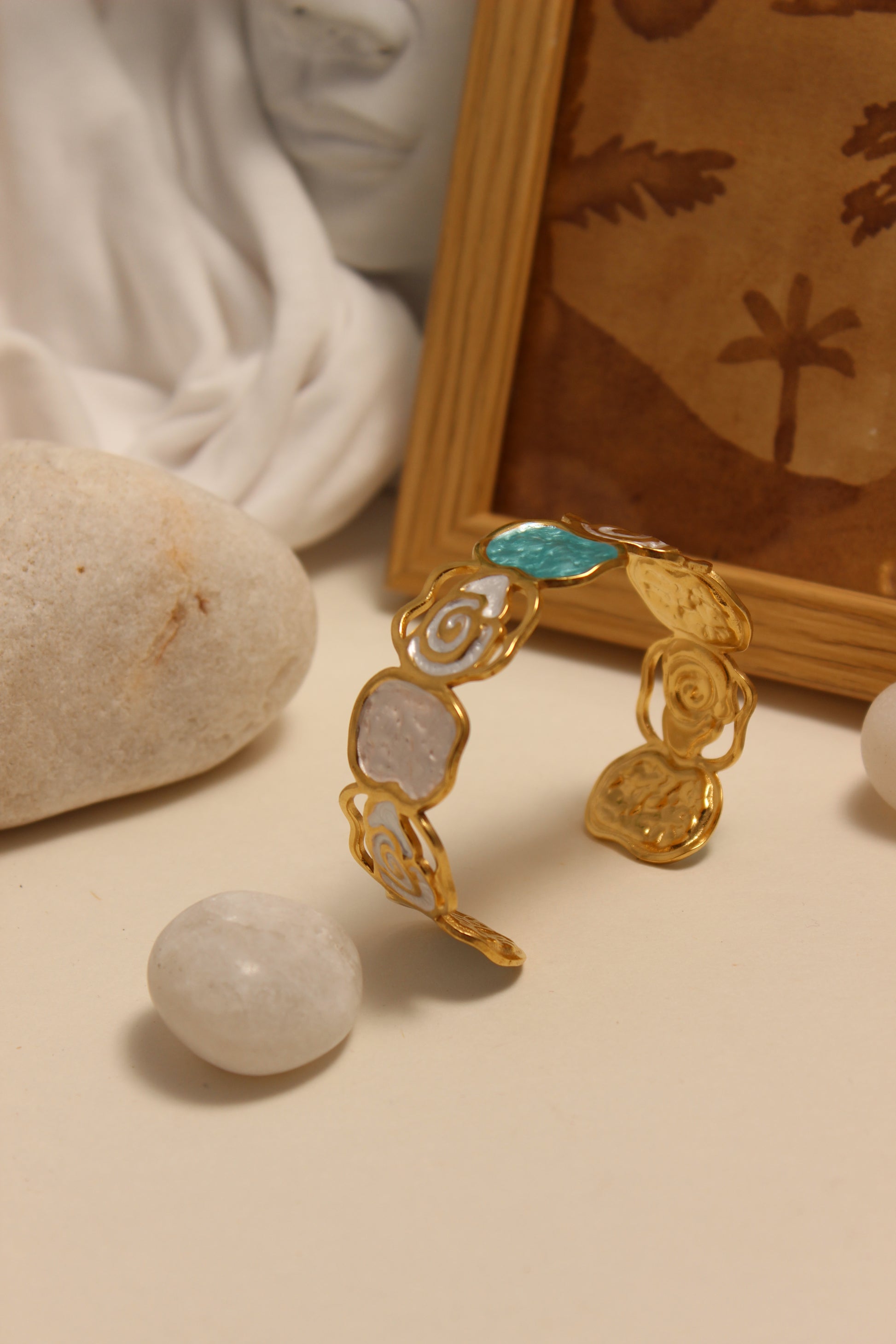 Pearled Blossom Cuff Bracelet on a neutral background