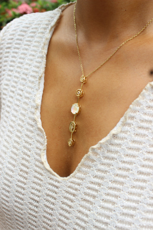 Rosaline Dawn Necklace on a model's neck 