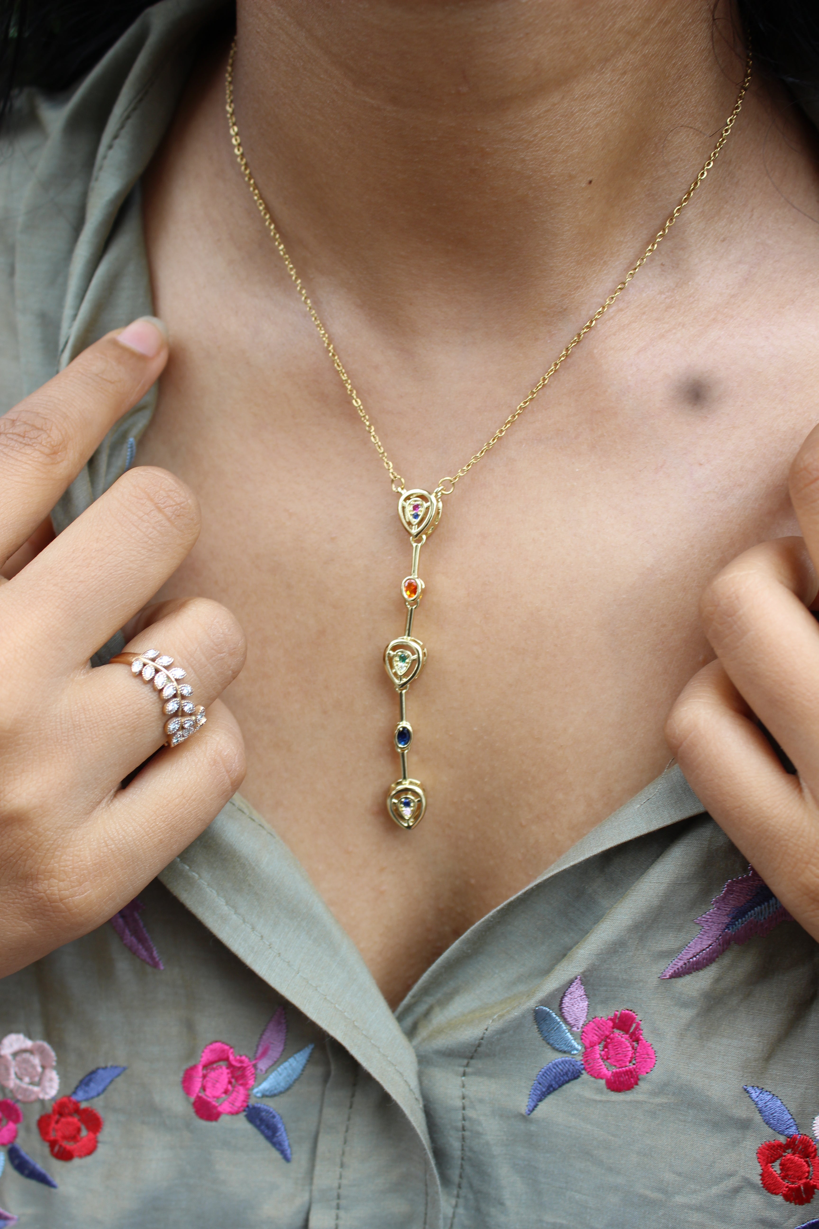 Serene Pour Necklace on a model's neck