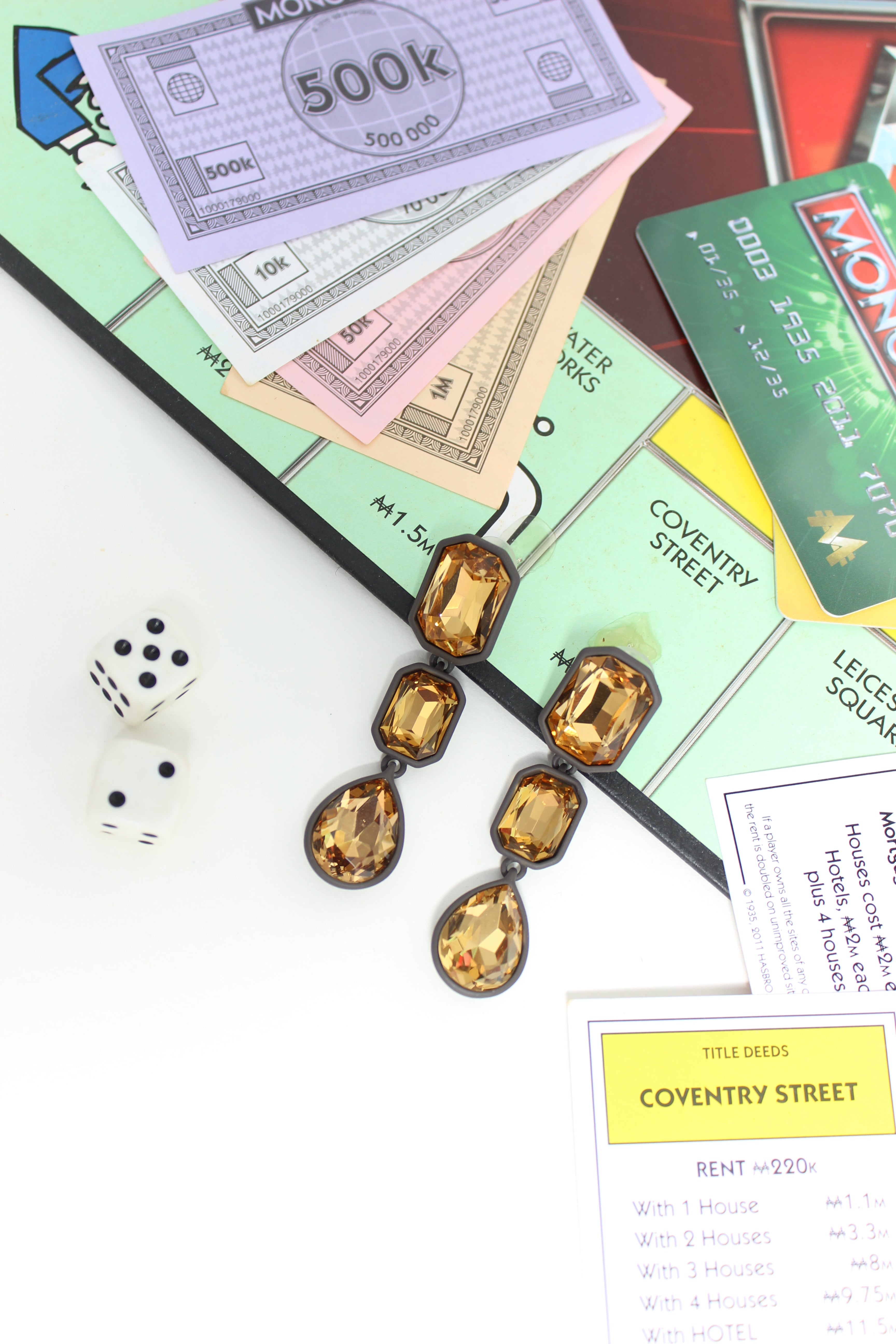 Midday Flame Earrings on a Monopoly board