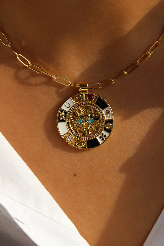 Mystic Halo Pendant Necklace on a model's neck
