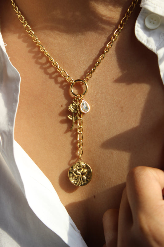 Chrysalis Dream Necklace on a model's neck, casting a shadow