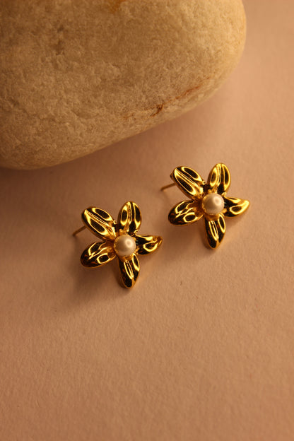 blurred background with pearl centers on a beige background