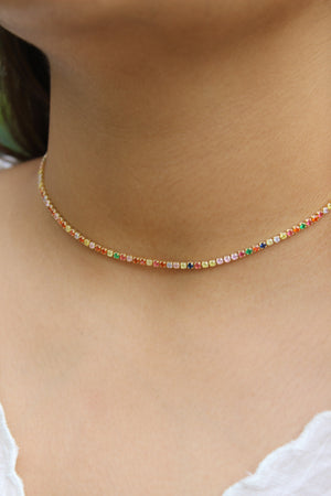 Colorbind Necklace on a model's neck with a blurred background