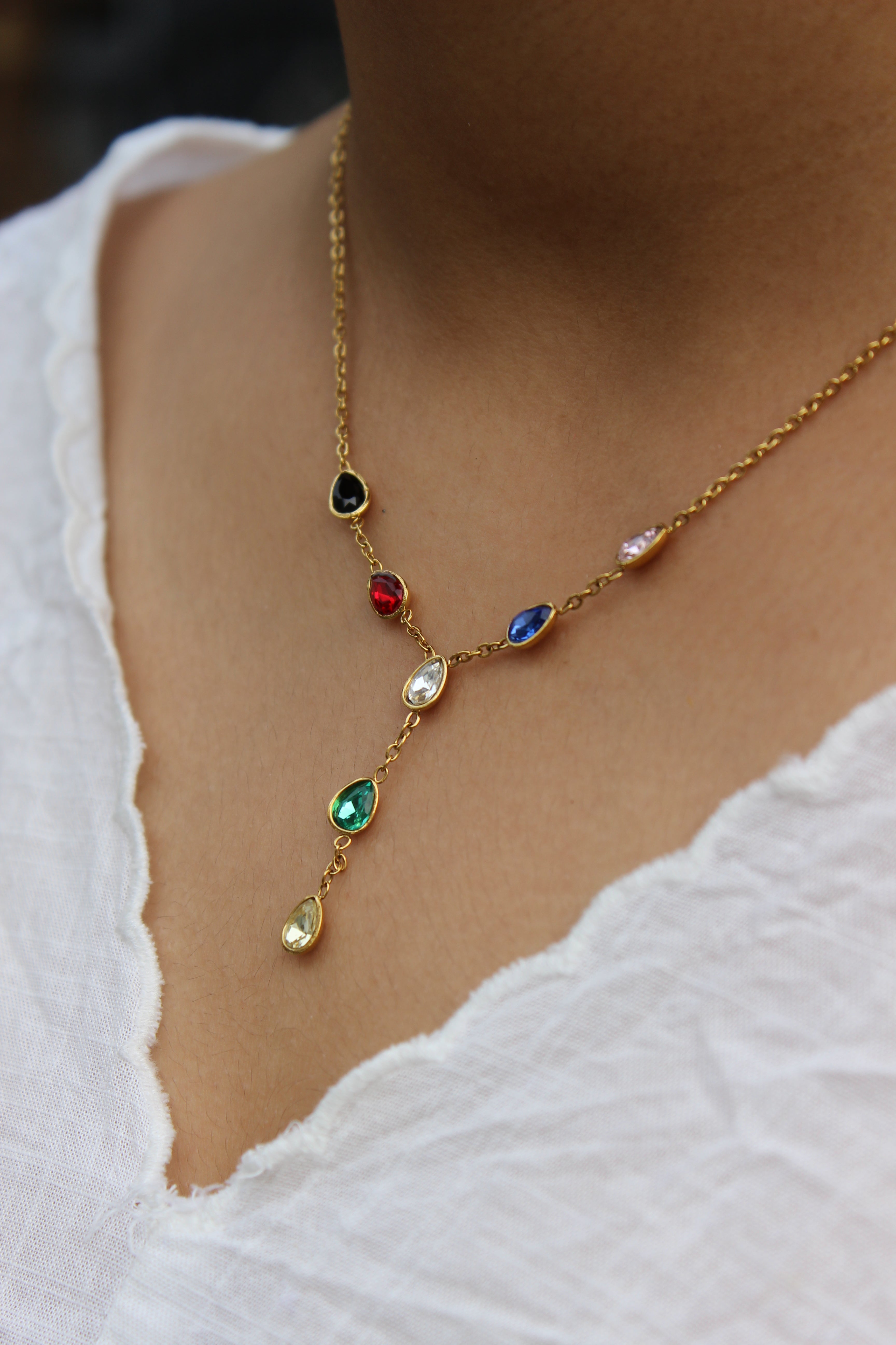Prism Drop Necklace on a model's neck against a white top